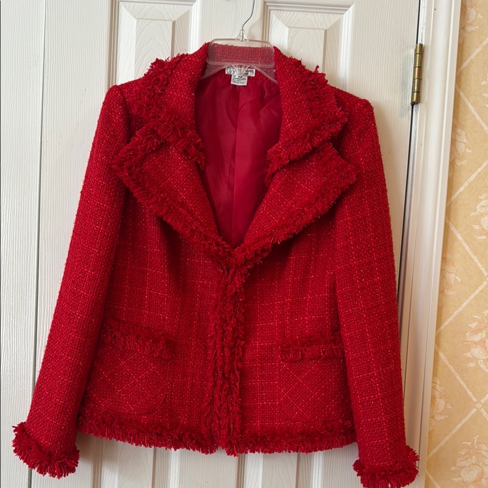 Red Blazer with Frayed Trim